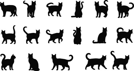 Black cat silhouette collection with various poses, sitting, walking, standing, feline posture set, vector illustration for pet and animal design