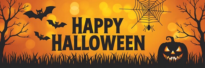 Spooky Happy Halloween banner with bats, spider, and grinning pumpkin against a bokeh background