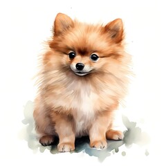 Obraz premium The illustration shows a small, fluffy Pomeranian dog sitting, facing the viewer, with a happy expression on its face against a white background with watercolor-style accents.