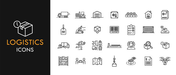 Logistics line icon set, outline web icon collection containing Transport, Delivery, Warehousing and more, vector illustration in line style