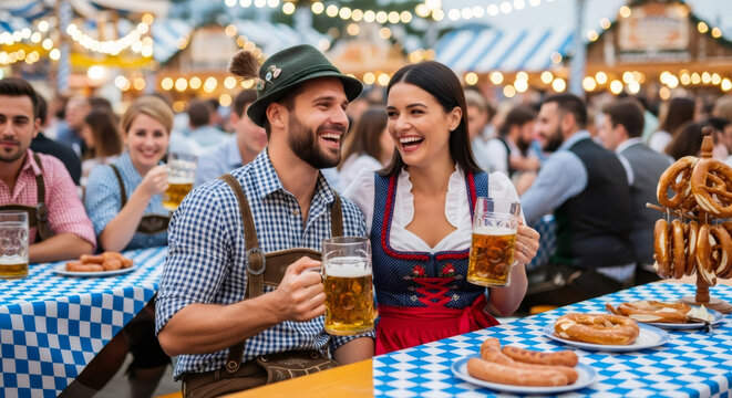 Man and woman happily toasting with beer mugs at an outdoor festival. Oktoberfest celebration with traditional food and drink. Holiday event.