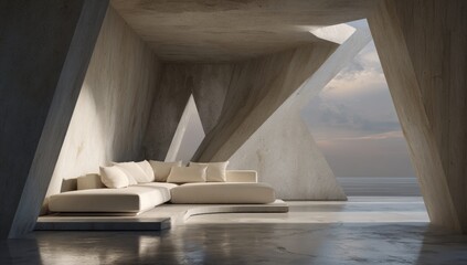 Modern, minimalist interior design with a light beige sectional sofa