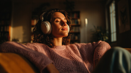 Happy young woman enjoys music with closed eyes and headphones, bathed in sunlight, wearing a cozy pink sweater at home