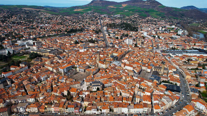 An aerial panoramic view around the old town of the city Millau in France on a sunny day in early spring