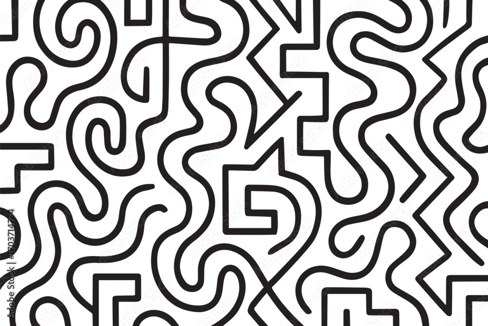 Wall mural abstract black and white wave squiggle doodle fingerprint style maze pattern background banner. blac