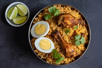 Savor a delicious, aromatic chicken biryani with perfectly cooked eggs and fresh lime wedges