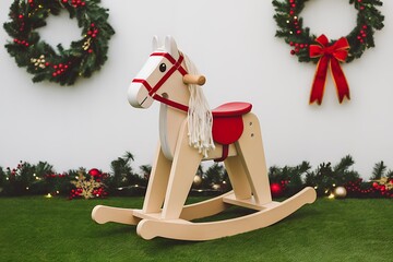 A charming wooden rocking horse, perfect for Christmas morning, adds a touch of festive joy to any child's room.