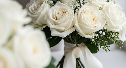 Obraz premium Elegant ivory roses bouquet, tied with silk ribbon, soft natural light