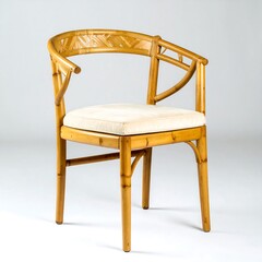 A light-brown bamboo chair with a cream-colored seat