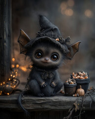 Cute Baby Bat in Witch Hat with Pumpkins and Acorns, Spooky Halloween Fantasy Illustration