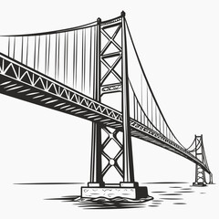 Black and white illustration of a suspension bridge spanning over water