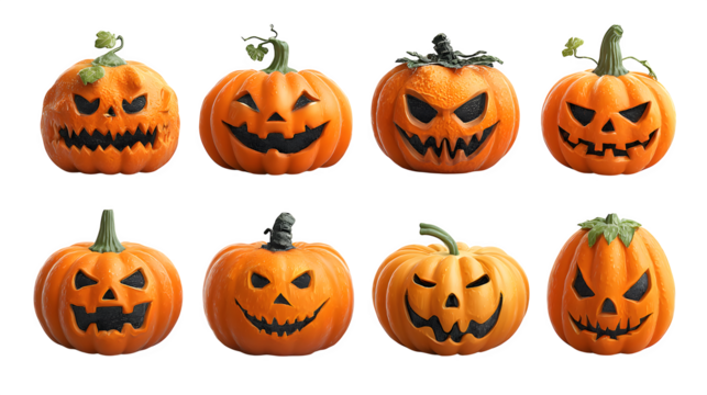 Halloween pumpkins collection in festive carved style, isolated on white background