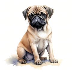 Obraz premium This illustration shows a young pug dog sitting, its light brown fur detailed with visible texture, against a simple white backdrop with subtle watercolor accents.