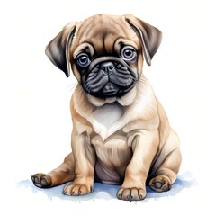 Obraz premium This illustration shows a young pug dog sitting; it is a digital painting with watercolor texture, and the background is light blue and white.