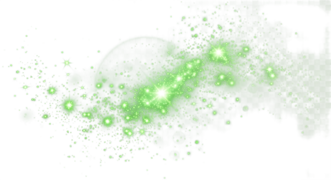 Vibrant green bokeh light bursts with sparkling stars and lens flares create a magical, energetic, celebratory atmosphere for festive designs