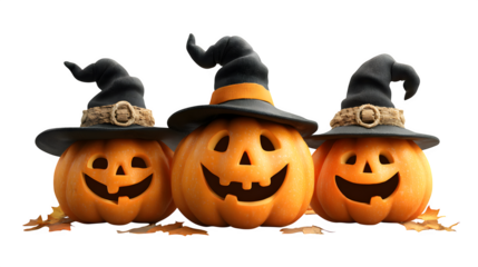 Halloween pumpkins set with smiling faces and witch hats, isolated on white background