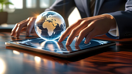 Businessman interacts with holographic globe on tablet
