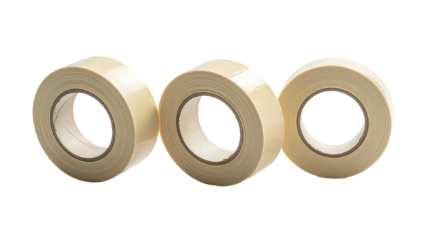 Three rolls of light beige adhesive tape, stacked horizontally.  The tape appears clear/transparent with a beige backing