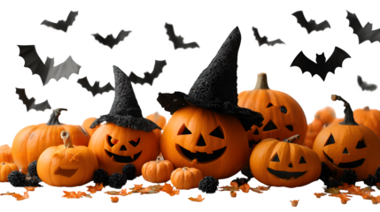 Halloween pumpkins with carved faces and witch hat surrounded by bats, isolated on white background