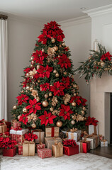 Festively decorated Christmas tree with red poinsettias and presents under the tree