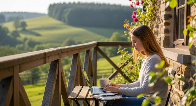 Young woman working on laptop on a balcony overlooking a scenic landscape. Remote work concept or digital nomad lifestyle.