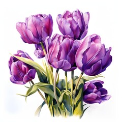 Obraz premium The illustration shows several purple tulips with visible details of petals and stems, set against a stark white backdrop.