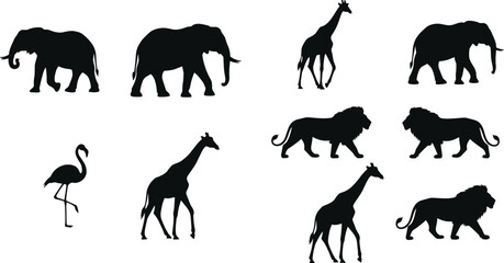 Black silhouette vector illustrations of elephants, giraffes, lions, and flamingo in various poses for wildlife, nature, and animal design artwork