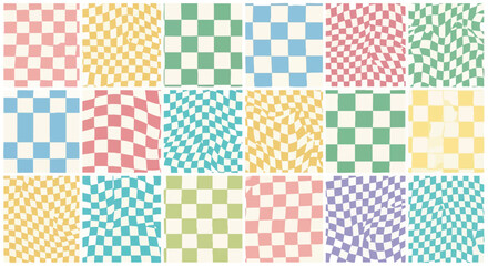 Collection of colorful, distorted checkerboard patterns.
