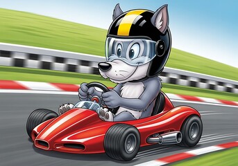 Focused cartoon wolf go-kart driver navigating a turn on a vibrant race track