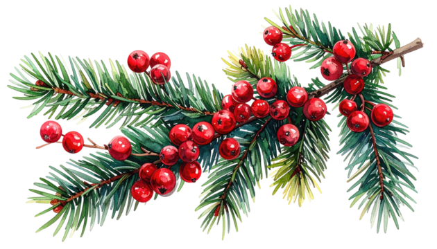 Watercolor illustration of a branch with pine needles and red berries