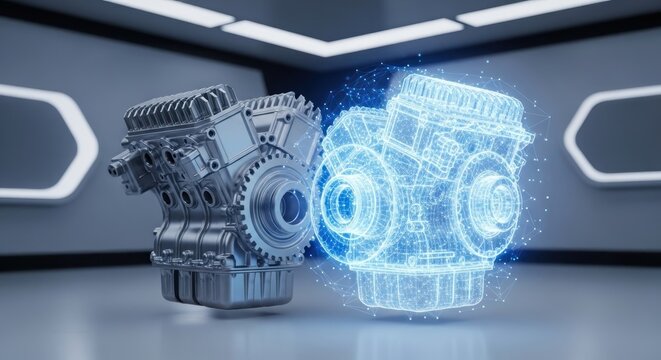 Futuristic automotive engineering concept showcasing the digital twin of a V8 engine as a holographic wireframe