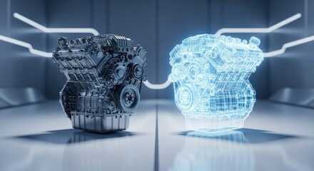 Futuristic automotive technology concept showing a physical car engine and its digital twin holographic counterpart for advanced engineering