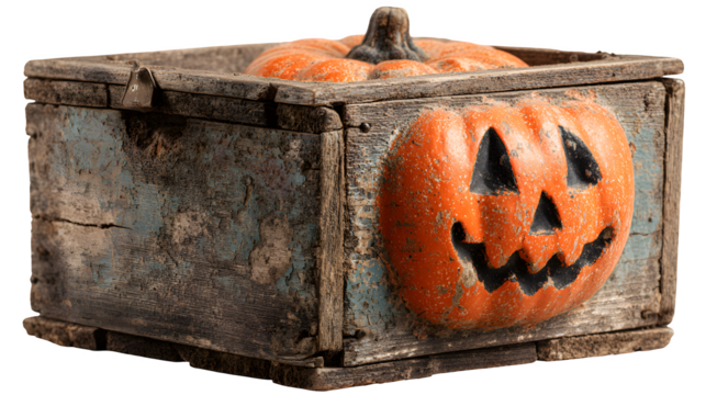 Halloween themed pumpkin with wooden box rustic style, isolated on white background