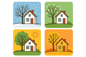Photo-realistic vector illustration of a house and nature across four seasons
