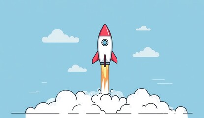 Rocket launching into a pastel sky