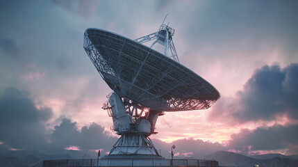 Large radio telescope at sunset against a dramatic sky mountains in the background