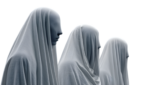People disguised as ghosts for Halloween in flowing white sheets, isolated on white background