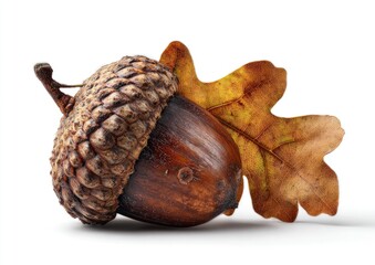A single, detailed acorn sits beside a vibrant autumnal oak leaf against a plain white background.
