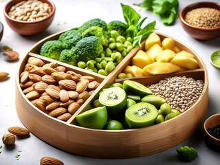 A divided wooden tray filled with a variety of healthy, fresh, and colorful foods, including nuts, vegetables, and fruits.