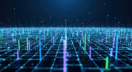 Vibrant data visualization of a futuristic digital landscape with glowing light bars on a grid, illustrating network flow and big data