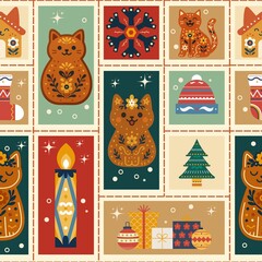 Fototapeta premium Holiday Patchwork Seamless Pattern with Gingerbread Folk Cats, Winter Ornaments and Christmas Decor