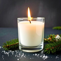 A lit candle, sprigs of pine, and salt