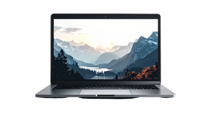 A gray laptop computer displaying a landscape image of mountains and a valley
