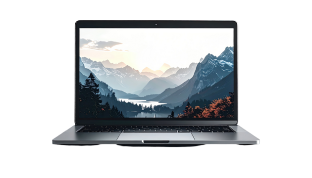 A gray laptop computer displaying a landscape image of mountains and a valley