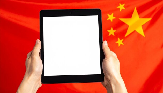 Hands holding tablet with blank screen in front of Chinese flag—symbolizing tech presence and national identity.