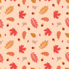 Seamless pattern with autumn leaves, acorns and oak leaves. Perfect background for wallpaper, gift paper, pattern fills, textile, fall greeting cards. Vector illustration	