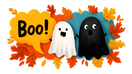 Playful Halloween illustration with "Boo!" speech bubbles and autumn leaves, isolated on white background