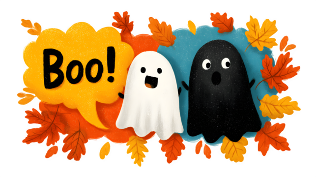Playful Halloween illustration with "Boo!" speech bubbles and autumn leaves, isolated on white background