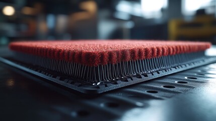 Fototapeta premium Close-up of a red carpet square with metal backing, showing tufted fibers