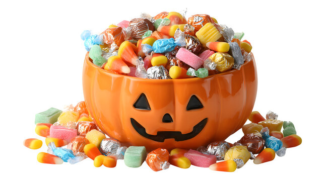 Pumpkin-shaped candy bucket overflowing with colorful sweets, isolated on white background
